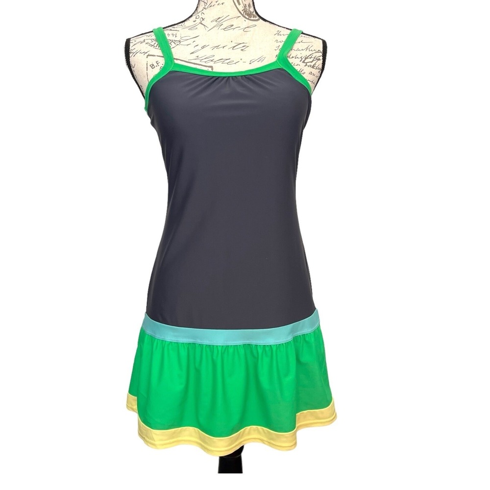 Prana Active Dress Womens XS Grey Green Colorblock Ruffle Hem Athletic Tennis